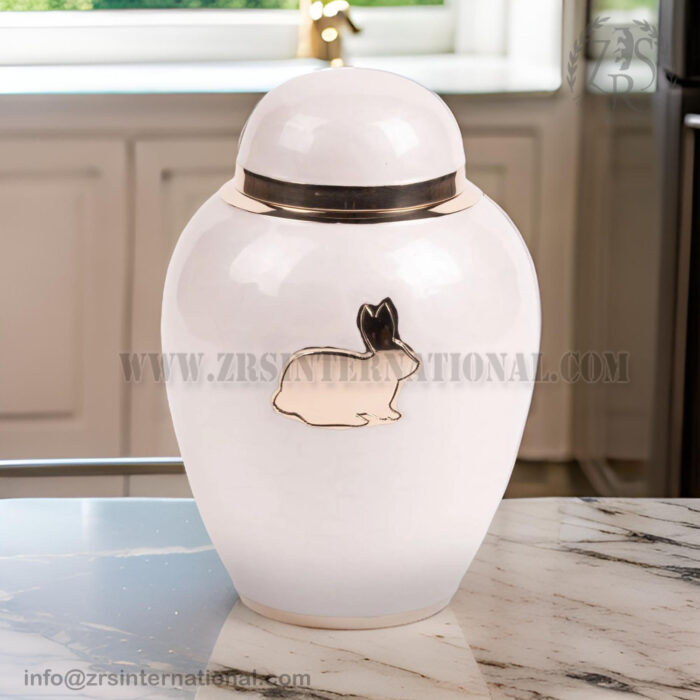 White Handcrafted Brass Urn with Engraved