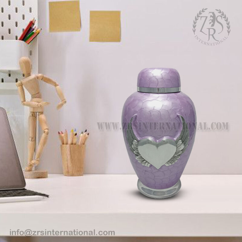 Purple Cremation Urns- Dom Top Urn White Enameled with Angle Wings Heart Adult Urn